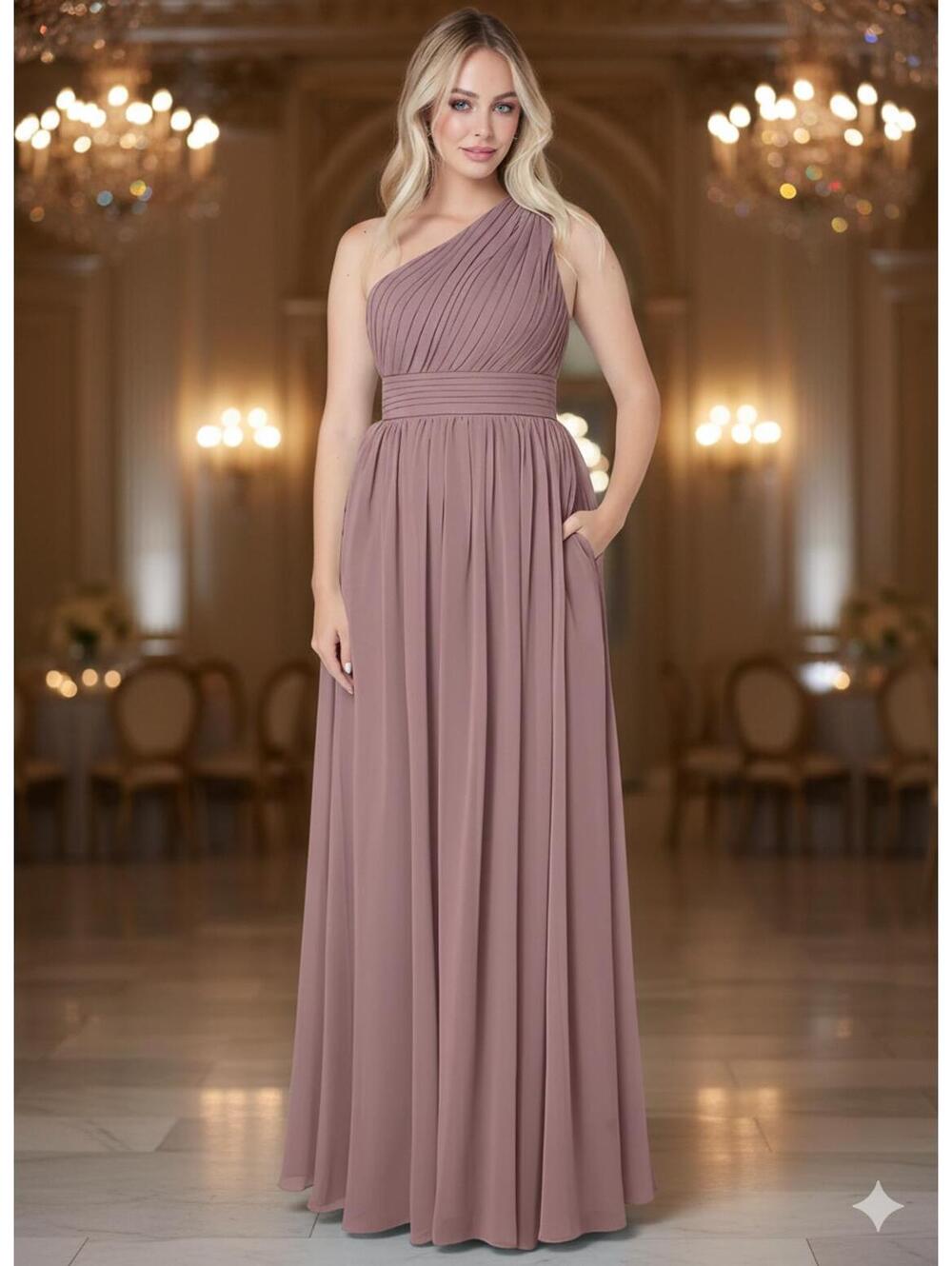 Azazie Molly Dusty Rose Chiffon One-Shoulder Maxi Dress - A8 NWT